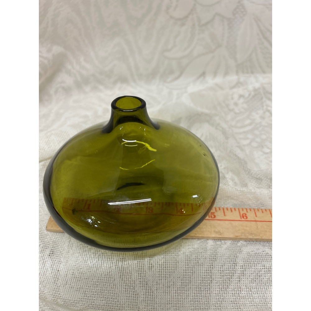 Empoli Italian Squat Bud Vase MCM Olive Green Hand Blown Glass Vintage - Picture 5 of 6